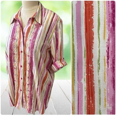 Blusa túnica bordada vintage feminina XL mistura de linho listra rosa aba rolo - Imagem 1 de 4