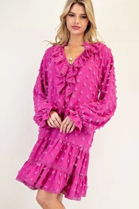 NWT Easel Boho Pom Pom Dress Pink Ruffles Woven Tiered Chiffon Size Small - Picture 1 of 8