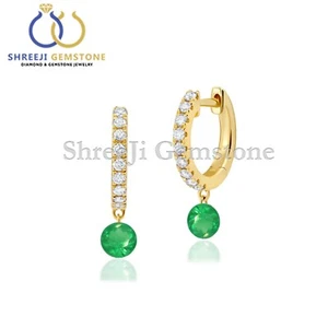 Genuine Diamond Huggie With Emerald Drilled Earrings 14k Gold Party Wear Jewelry - Picture 1 of 4