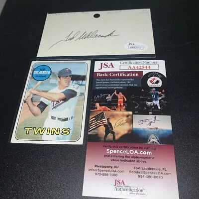 TED UHLAENDER (1965 TWINS) AUTOGRAPHED 3X5 INDEX CARD  & 1969 TOPPS CARD JSA COA - Image 1 of 2