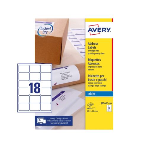 Avery Address Labels | Inkjet Printer J8161-100 Box of 1800 | 63.5x46.6mm White