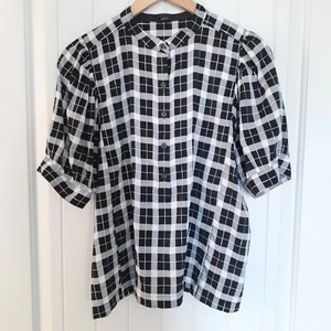 Ann Taylor Women's Ann Taylor Shimmer Plaid Puff Sleeve Top Black & White Size M - Picture 1 of 11