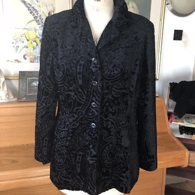 VINTAGE SIZE 16 PRECIS PETITE BLACK VELVET DEVORE BURNOUT JACKET SHOULDER PADS - Image 1 of 4