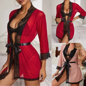 Women Lace Sleepwear Robe Bathrobe Sexy Lingerie Nightdress Babydoll New - Picture 1 of 20