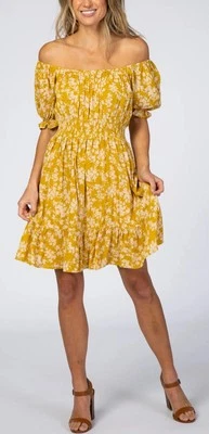 Jodifl Floral Smocked Waist Off the Shoulder Mini Dress Sz L Ruffle Puff Sleeve - Image 1 of 4