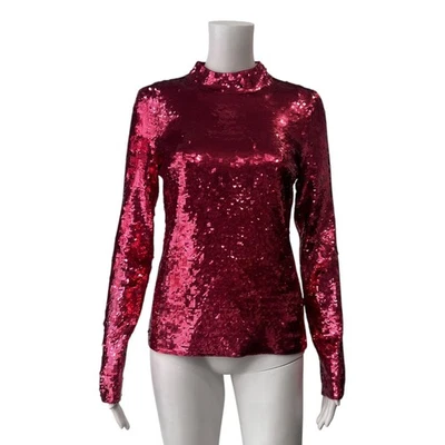 $450 Barba Verónica RARA Imitación Roja Lucinda Lentejuelas Cuello Alto LS Top Talla Pequeña Foto 1 de 4