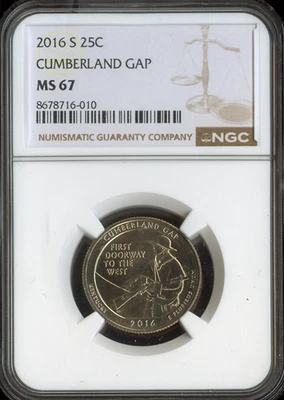 2016 S CUMBERLAND GAP QUARTER NGC MS67 SPOTLESS . - Image 1 of 2