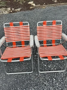 Lot 2 Jelly Tube Folding Aluminum Lawn Beach Chair Vinyl Orange Stripe Vintage - Picture 1 of 6