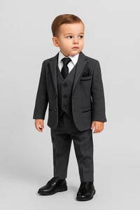 Little Boys Charcoal Grey Wool Effect Wedding Suit with Black Piping Couche Tot - Picture 1 of 8