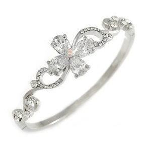 Rhodium Plated Oval Floral Clear CZ Bangle Bracelet - 18cm L - Picture 1 of 5