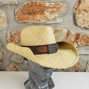 BULLHIDE Stroh Cowboy Hut Ranch Western Gr. M Wildlederband Türkis und Kreuze - Bild 1 von 13