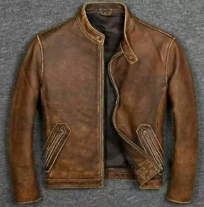 Men's Motorcycle Café Racer Vintage Biker Brown Distressed Real Leather Jacket - Picture 1 of 5