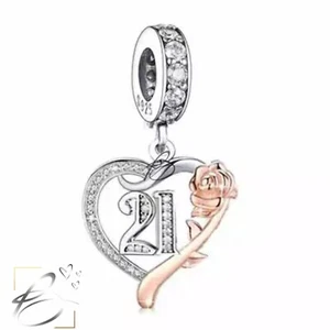 💖 21st Birthday Charm Rose Heart CZ Genuine 925 Sterling Silver  Bead - Picture 1 of 2