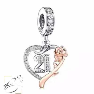 💖 21st Birthday Charm Rose Heart CZ Genuine 925 Sterling Silver  Bead - Image 1 of 2