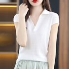 Woman Knitted Sweater Short Sleeve Top Lapel Jumper Faux Silk Pullover Slim