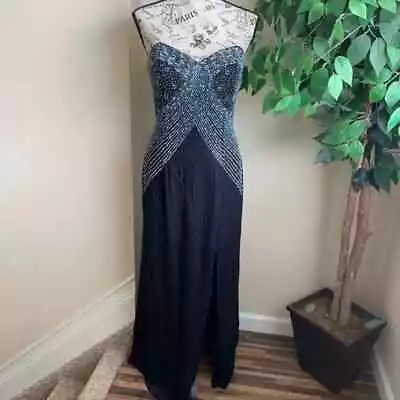 Cassandra Stone Embellished Beaded Strapless Floor Length Silk Gown Black Sz 12 - Image 1 of 4