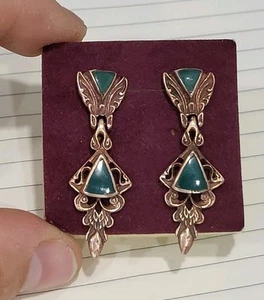 Bronze Earrings Green Glass Antique Drop Articulated With Real Silver Posts - Picture 1 of 5