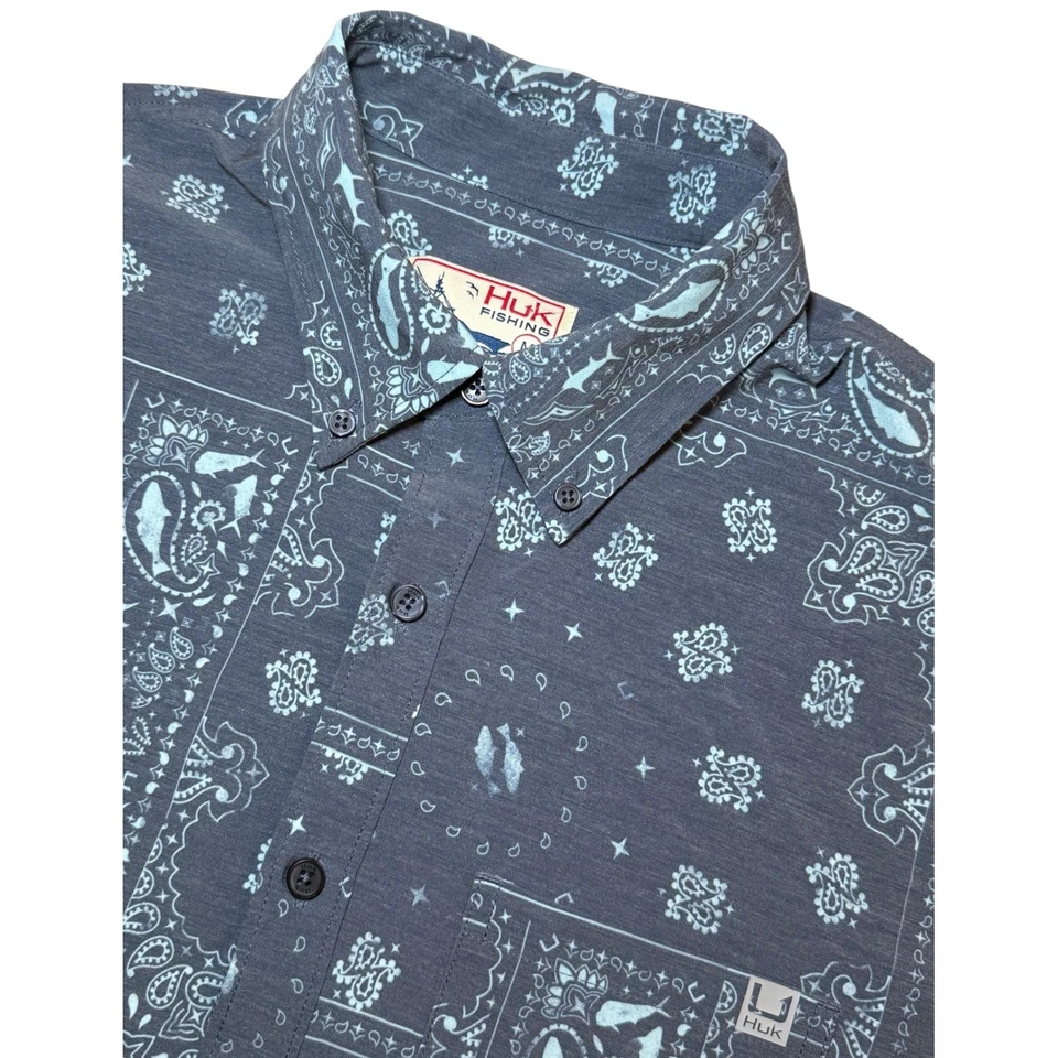 Huk Mens Medium Button Down Short Sleeve Fishing Shirt Paisley Shark Performance - Image 1 of 4