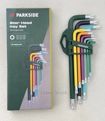 Parkside Star Head Key 9 Piece Set Colour Coded Design with hinged holder T10-T5 - Image 1 of 4