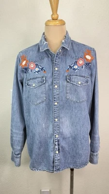 Lucky Brand Floral Embriodered Western Distress Denim Pearl Snap Shirt L - Image 1 of 4