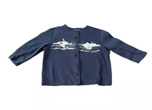 Vintage Breckenridge Cardigan Petite Medium Blue Embroidery Lighthouse Sailboats - Picture 1 of 16