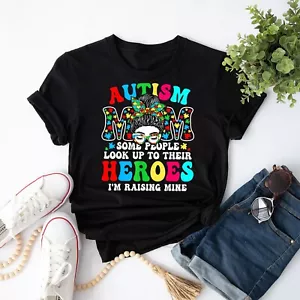 Autism Mom Raising Hero Groovy Messy Bun Autism Awareness T-Shirt - Picture 1 of 21
