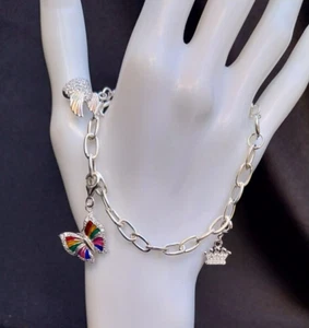 Butterfly Crown White CZ Heart With Wings Solid Sterling Silver Charm Bracelet - Foto 1 di 10