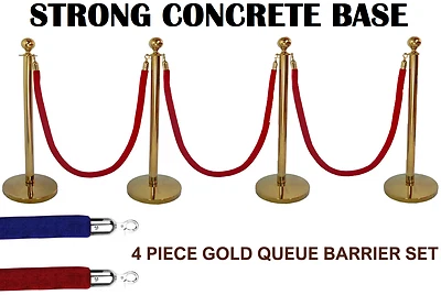 4 BRASS QUEUE BARRIER CONCRETE POSTS ROPE CROWD CONTROL SECURITY STANCHION GOLD - Image 1 of 4
