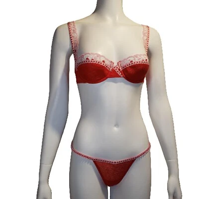 Sujetador Victoria's Secret 34B Balconet M Tanga Tanga Rojo Transparente Rosa Punto Encaje Foto 1 de 4