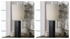 PAIR DELANEY UPSCALE MODERN XXL 32" MARBLE COLUMN TABLE LAMP UTTERMOST 29359 - Picture 1 of 4