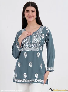 Gray Hand Embroidered Chikankari Short Kurta Lucknowi Chikan Short Top - Picture 1 of 8