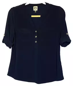 Anne Klein Tunic Blouse Size Small Navy Blue Short Sleeve Roll Tab Pullover Top - Picture 1 of 7