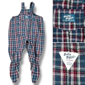 Vintage 90s Oshkosh Overalls Footed Plaid Flannel Vestbak Blue Preppy Baby 6/9m - Picture 1 of 8