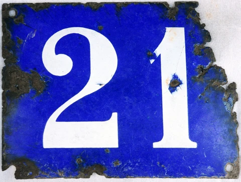 Large old blue French house number 21 door gate plate plaque enamel steel sign Cover