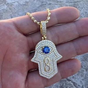 2Ct Round Lab-Created Diamond Cluster Hamsa Hand Pendant 14K Yellow Gold Plated - Picture 1 of 8