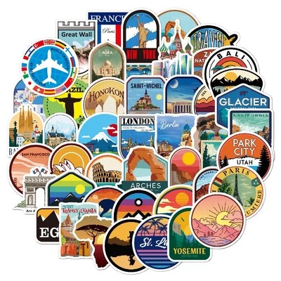 50 Luggage Suitcase Retro Vinyl Stickers Vintage City Names World Travel UK NEW - Image 1 of 4