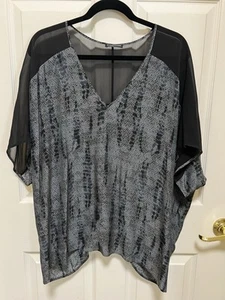Eileen Fisher Damen XXL Seide Krepp Chine SS Top V-Ausschnitt Grau Muster Biesen - Bild 1 von 12