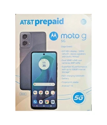 AT&T Motorola Moto G 5G 2024 6.6"HD+/128GB/50MP/5Ah Sage Green Prepaid Phone 🆕 - Image 1 of 4