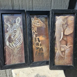3 gerahmte Tier Künstler Drucke von Ruane Manning Elefant Giraffe Zebra 11x5 - Bild 1 von 7