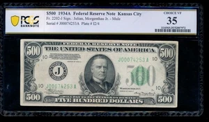 AC 1934A $500 FIVE HUNDRED DOLLAR BILL Kansas City PCGS 35 comment - Picture 1 of 2