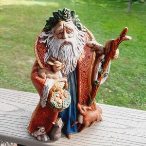 Vtg Old World Santa w Forest Animals Ceramic Christmas 10" Hand Painted Signed - Picture 1 of 13