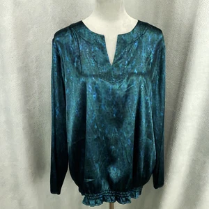 Blusa Chicos Mujer Grande Satén Azul Manga Larga Cuello en V Muesca Cuello Pullover - Imagen 1 de 9