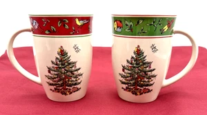 Juego de 2 tazas de árbol de Navidad Spode vintage verde y rojo 12 oz. 4,5" - Imagen 1 de 13