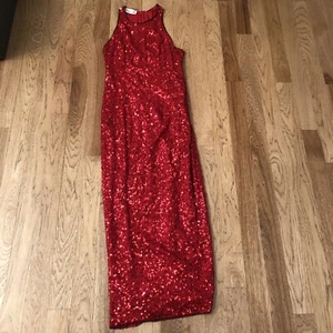Laurence Kazar Womens 100% Silk Sequined Red Evening Gown Sleeveless M READ! - Picture 1 of 14