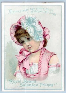1888 ROYAL BRAND SALONICA CIRUELAS PASAS NIÑA VESTIDO ROSA LITOGRAFÍA INVITADA TARJETA COMERCIAL VICTORIANA - Imagen 1 de 2