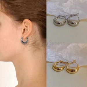 Pure 18K Gold Plated Thick Round Moon Shape Huggie Hoop Earrings Women Jewellery - Picture 1 of 22
