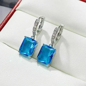 14K White Gold Filled 3.50Ct Emerald Cut Lab Created Blue Topaz Drop Earring-UK - Picture 1 of 6