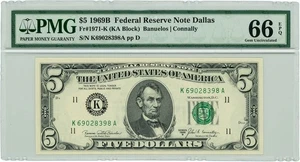 FR.1971-K $5 1969B Federal Reserve Note Dallas Gem Unc 66 EPQ PMG 950222-187 - Picture 1 of 3