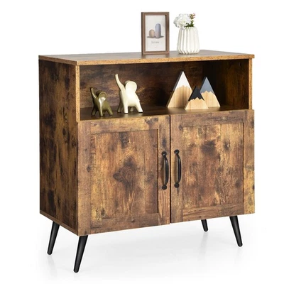 Mid-century Storage Cabinet Sideboard w/ Doors Wine Glass Racks Rustic Brown - Image 1 of 4