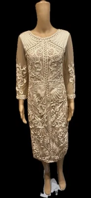 JS COLLECTIONS Champagne Soutache Ribbon Embroidered Sheer 3/4 Sleeve Dress Sz 4 - Image 1 of 4
